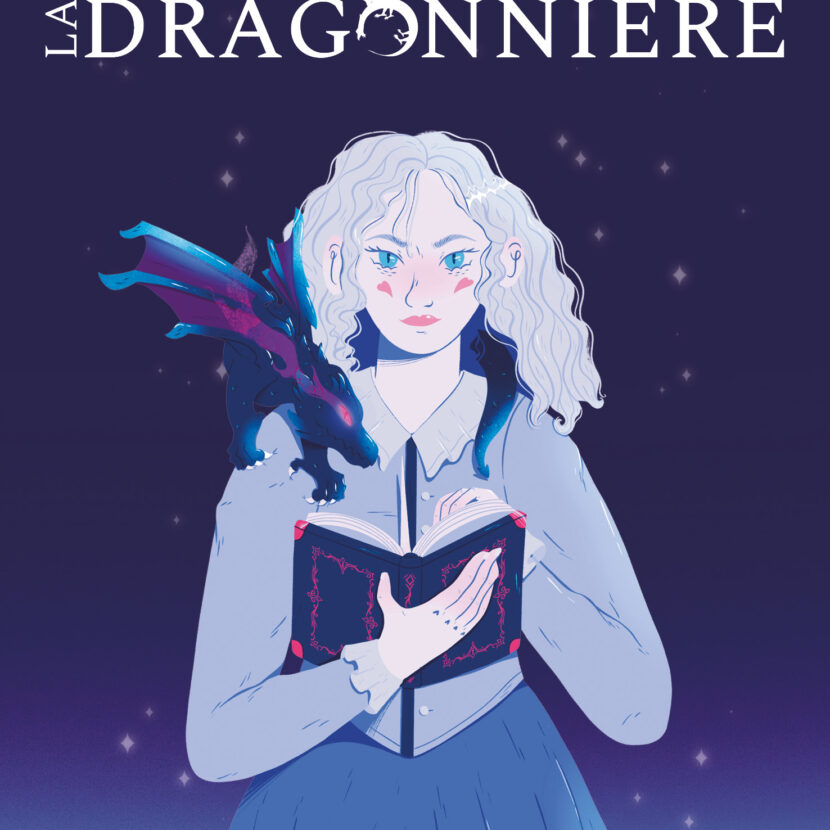 Couverture de La Dragonnière par Artémis. On voit une jeune fille a la peau très blanche lire un livre avec un dragon sur l'épaule.